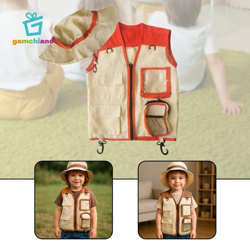 Gamchiano Trẻ Em Explorer Vest Và Mũ Hàng Hóa Áo Vest Và Mũ Cho Bé Trai Bé Gái Trẻ Em Trang Phục Cho Công Viên Ranger Cổ Sinh Vật Học Câu Cá Cắm Trại