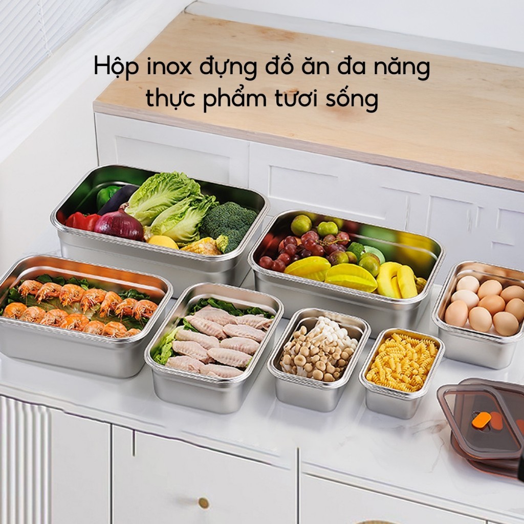 Hộp Đựng Thực Phẩm Inox Có Nắp Đậy Khay Đựng Đồ Ăn Để Tủ Lạnh Ngăn Mùi Bảo Quản Rau Củ Thịt