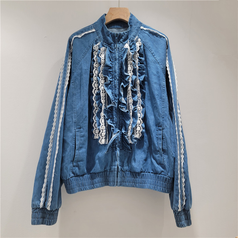 Áo khoác denim nữ cổ đứng, màu sắc tương phản, dây kéo rời, tay dài