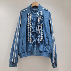 Áo khoác denim nữ cổ đứng, màu sắc tương phản, dây kéo rời, tay dài