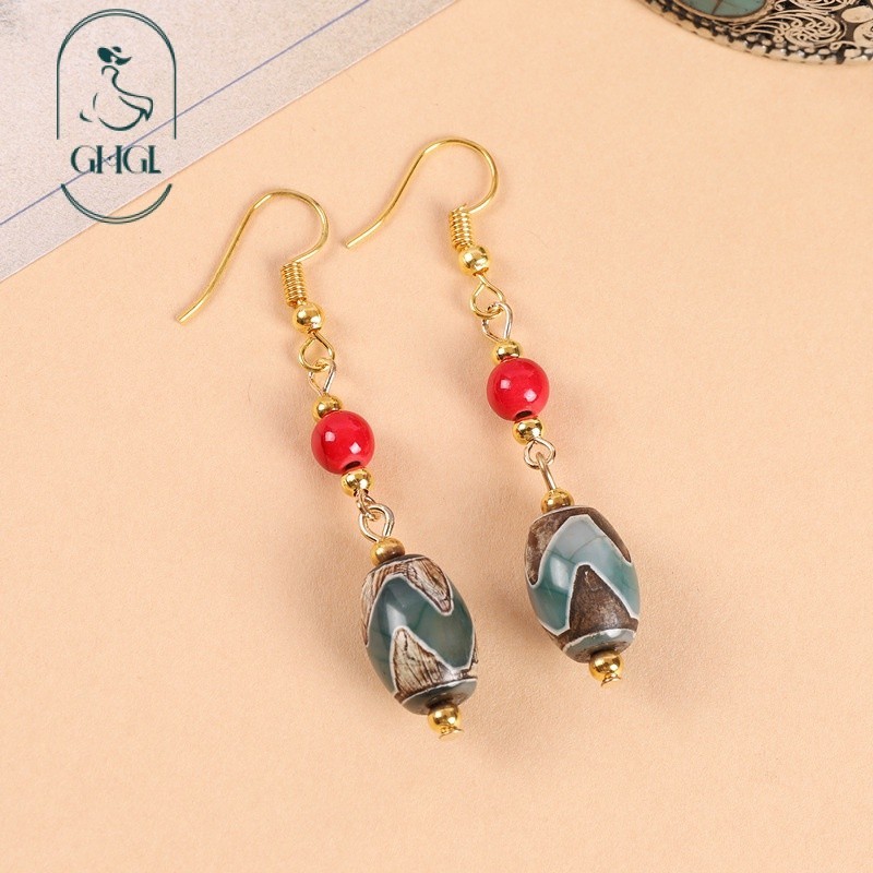 [Ghgl] Hàng có sẵn hs Thiết kế nguyên bản Phong cách Tây Tạng Hạt Dzi chín mắt Bông tai mã não Phong cách dân tộc Nghệ thuật cổ điển Bông tai răng hổ Bông tai phong cách Trung Quốc dành cho nữ