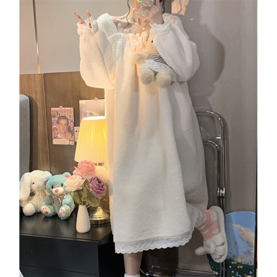 Ngọt Ngào Phong Cách Công Chúa Váy Ngủ Nữ Mới Ấm Áp Dày Lông Cừu Bộ Đồ Ngủ Mùa Đông Phong Cách Hàn Quốc Nữ Sinh Phù Hợp Với homewear
