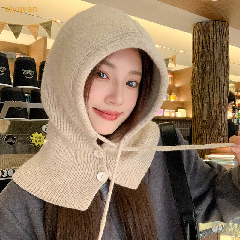 Siyuyan Mùa Đông Ấm Áp Dệt Kim Balaclava Mũ Nữ Màu Trơn Có Mũ Trùm Đầu Ngoài Trời Mũ Chui Đầu Mũ Cashmere VN