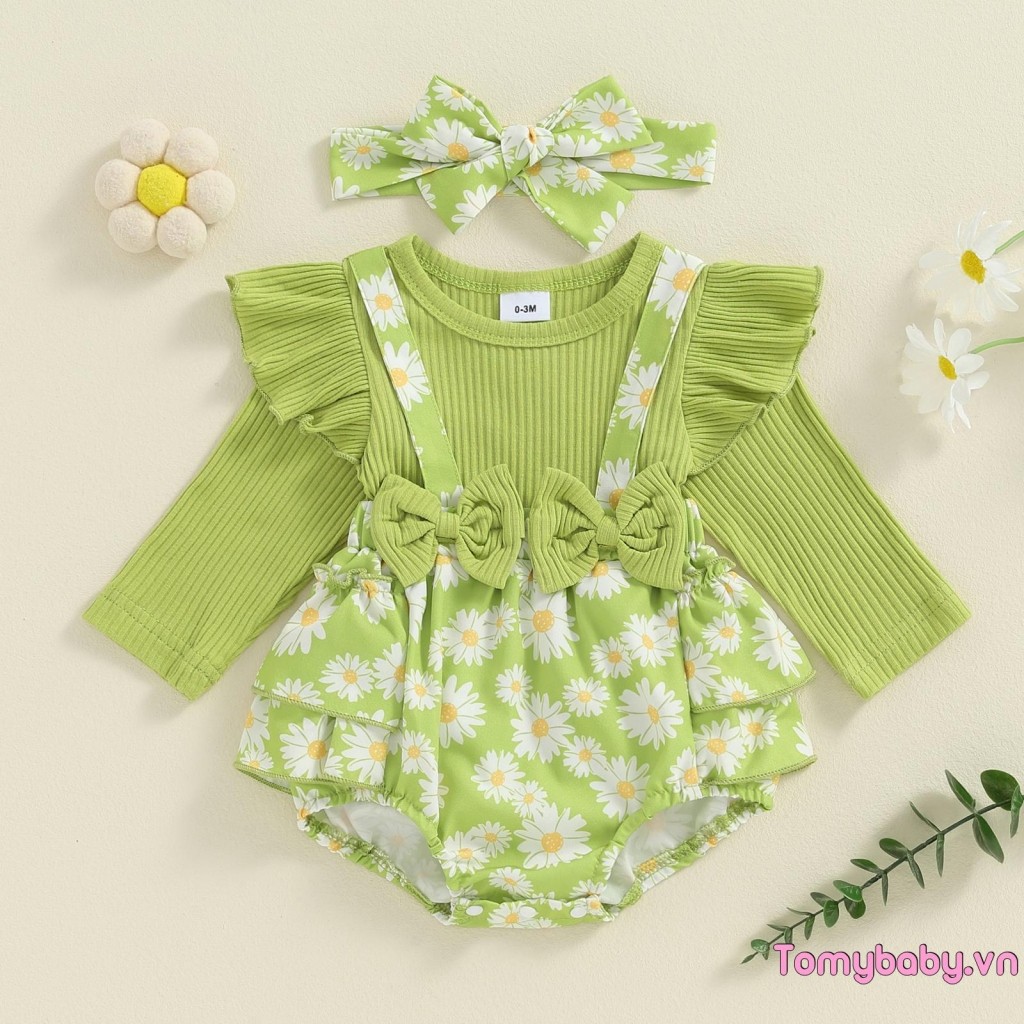 Bộ áo liền quần dài tay in họa tiết hoa cúc cho bé gái nơ xù + Bộ 2 món băng đô