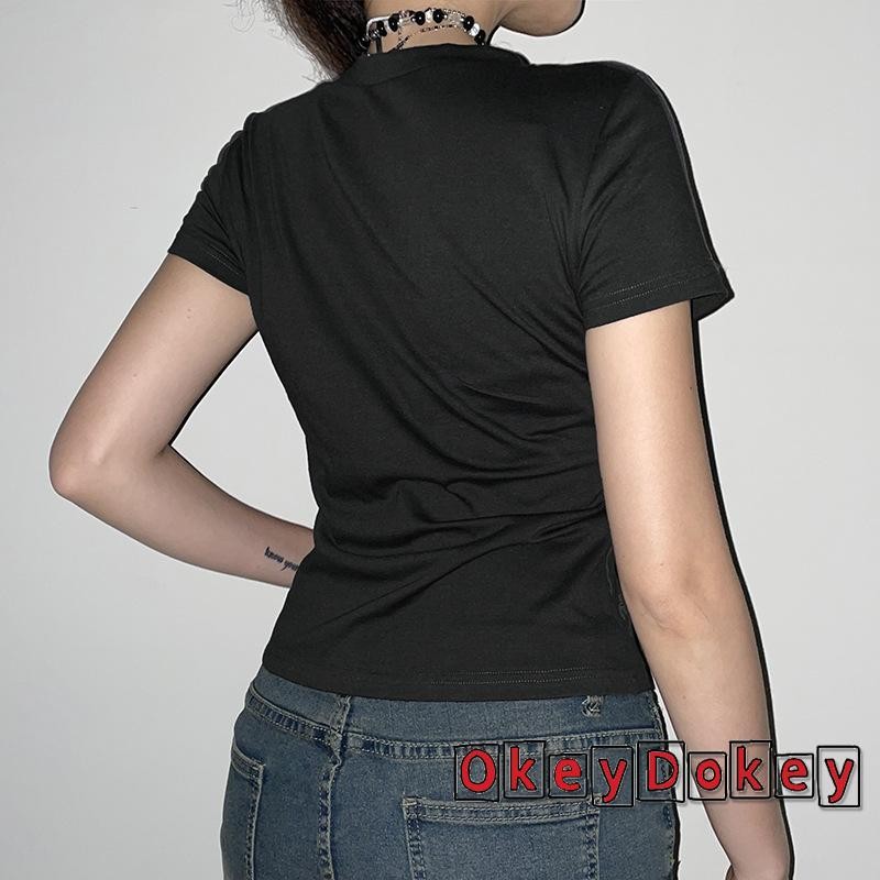 Okdk-áo thun cổ tròn tay ngắn dành cho nữ Slim-fit Màu sắc tương phản Áo chui đầu cổ tròn in hoa