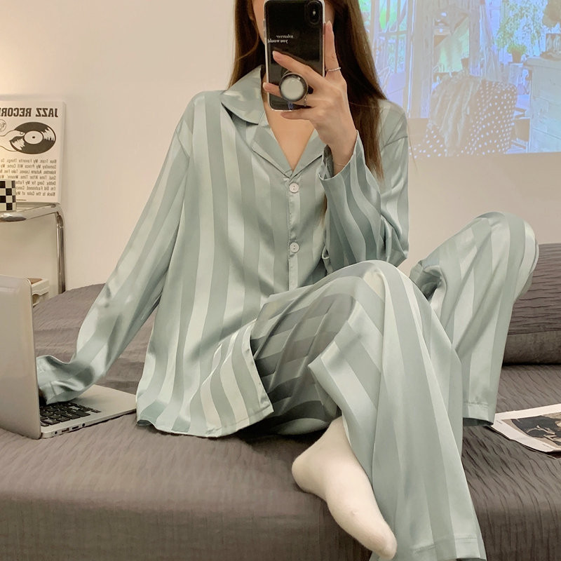 Checkerboard Ice Silk Giả Bộ Đồ Ngủ Lụa Nữ Thu Đông Dài Tay Phiên Bản Hàn Quốc ins Nữ Homewear [luyoo32]