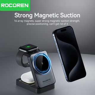 Rocoren 3 trong 1 Bộ sạc không dây từ tính có thể gập lại Giá đỡ máy tính để bàn Trạm sạc nhanh 15W cho iPhone 17 16 Pro Max Air iWatch