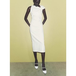 Zara Thu Đông Phong Cách Mới Châu Âu Mỹ Slim-fit Bất Đối Xứng Cổ Dây Buộc Vải Lanh Phối Đầm 8723418