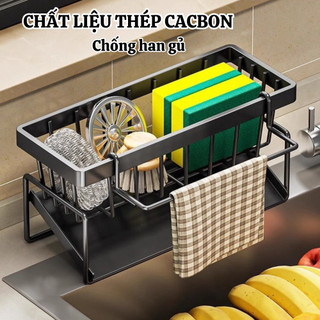 Kệ để đồ rửa chén bát, Giá đựng đồ rửa bát chất liệu thép không gỉ tích hợp giá treo khăn tiện lợi