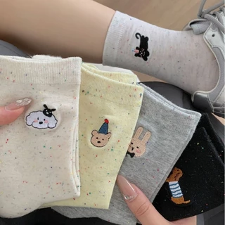 Mùa Thu Phong Cách Mới AB Bên Thêu Động Vật Nơ Hoạt Hình Cotton Chấm Sợi Cọc Tất Nữ Hàn Quốc ins