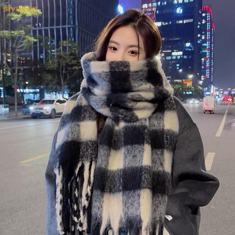 Siyuyan Kẻ Sọc Khăn Checkerboard Khăn Mềm Mại Nữ Mùa Đông Ấm Áp Kép Sử Dụng Khăn Choàng Dài Vintage Dày Khăn Viền VN