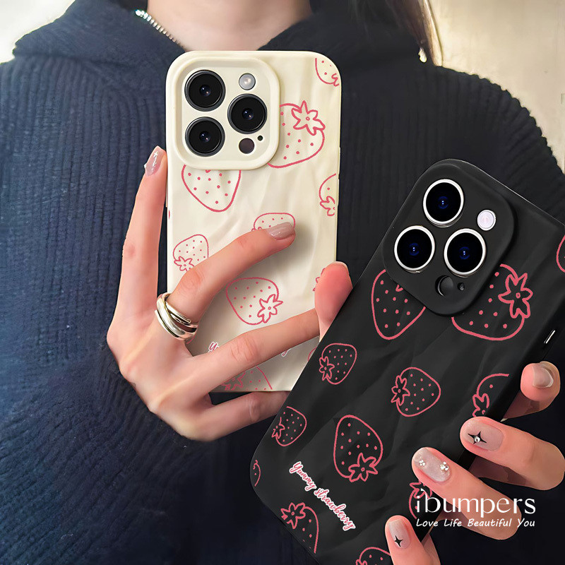 ibumpers Ốp Điện Thoại iPhone Họa Tiết Dâu Dễ Thương Cho IPhone 16 15 14 12 13 11 Pro Max IP 7 8 Plus X XS XR Xếp Ly Ốp Lưng Silicon Mềm Chống Sốc
