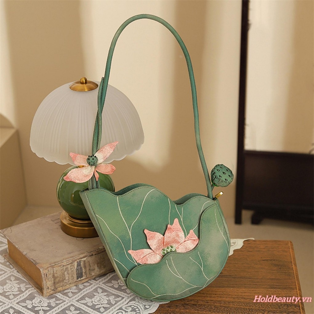 Ví đeo vai hoa cho nữ Túi xách đính hoa sen cổ điển Túi mua sắm nhẹ