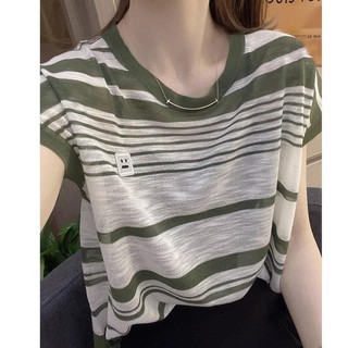 Mùa Hè Phong Cách Mới Màu Sắc Tương Phản Cổ Tròn Băng Lụa Sọc Áo Thun Nữ Thời Trang Phù Hợp Với