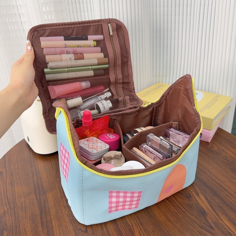 Túi đựng đồ trang điểm di động dung tích lớn - Túi đựng đồ thiết kế ngôi nhà dễ thương có dây kéo đôi cho dụng cụ sắp xếp vệ sinh du lịch cầm tay