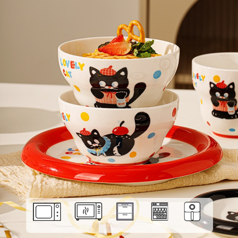 Bát Đĩa Sứ Cao Cấp Hình Mèo Đen Cute, Bát Cơm, Đĩa, Tô Đa Dạng Kích Thước SET019