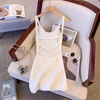 Pure Desire Style Hot Girl Sling Dress - Váy ngắn dệt kim trắng sang trọng, phù hợp đi biển