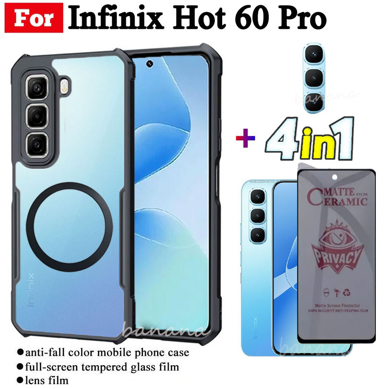 Ốp điện thoại chống sốc 4 trong 1 Infinix Hot 60 Pro có nhãn dán sạc không dây từ tính cho Infinix Hot 60 Hot 60i Chống gián điệp Bảo vệ toàn diện Kính cường lực + Phim ống kính