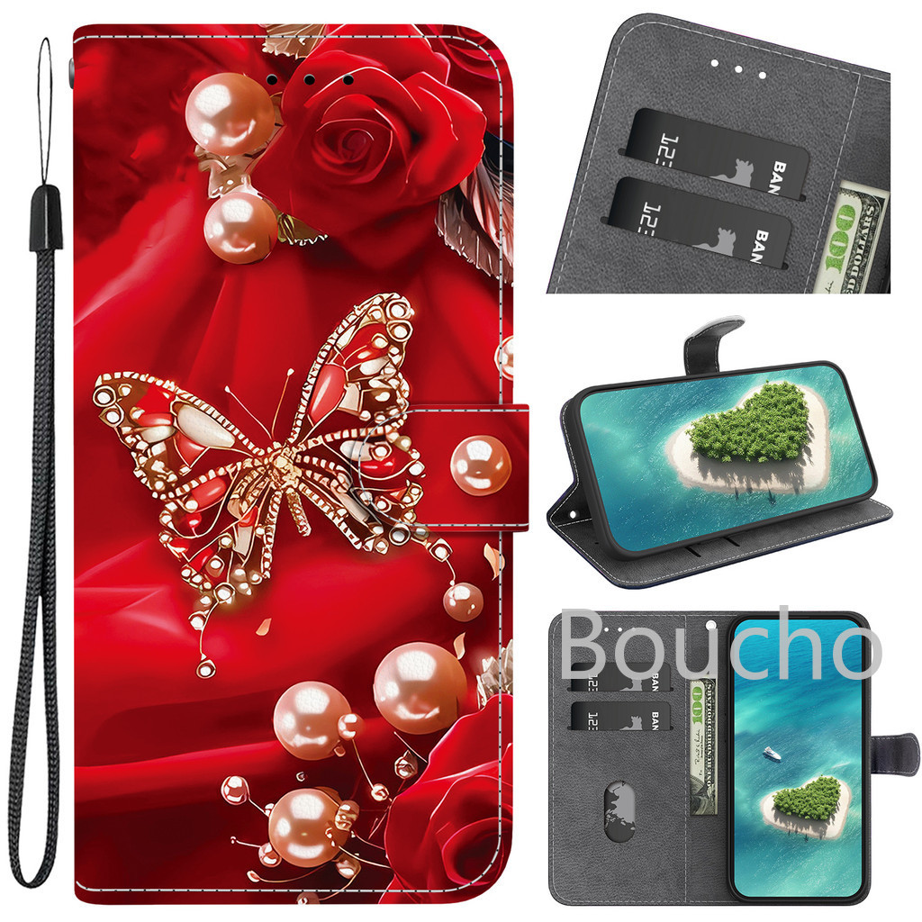 Dành Cho OPPO A5 A5X A5i A3 A60 A79 A18 A38 A58 A78 A17 A17K A57 A77 A77S A16 A54 A55 A96 A76 A74 A95 A52 A92 4G 5G Hồng Bơ Hoa Hồng Ví Lật Bao Da Thẻ Điện Thoại
