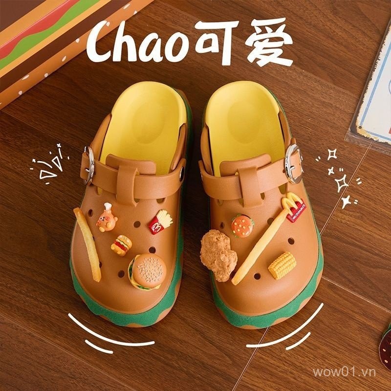 Ưu đãi đặc biệt trong thời gian có hạn Người ảnh hưởng Burger diy Birkenstock Giày có lỗ Giày nữ Mùa hè Mặc ngoài bờ biển Chống trượt Baotou Nửa dép xoay