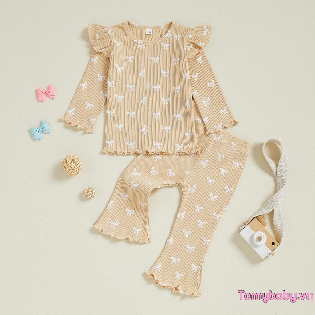 Bộ trang phục mùa thu cho bé gái tập đi Áo thun cổ tròn dài tay in nơ + Bộ quần loe lưng co giãn