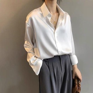 Áo Sơ Mi Nữ Trắng Satin Giả Lụa Dài Tay Rời