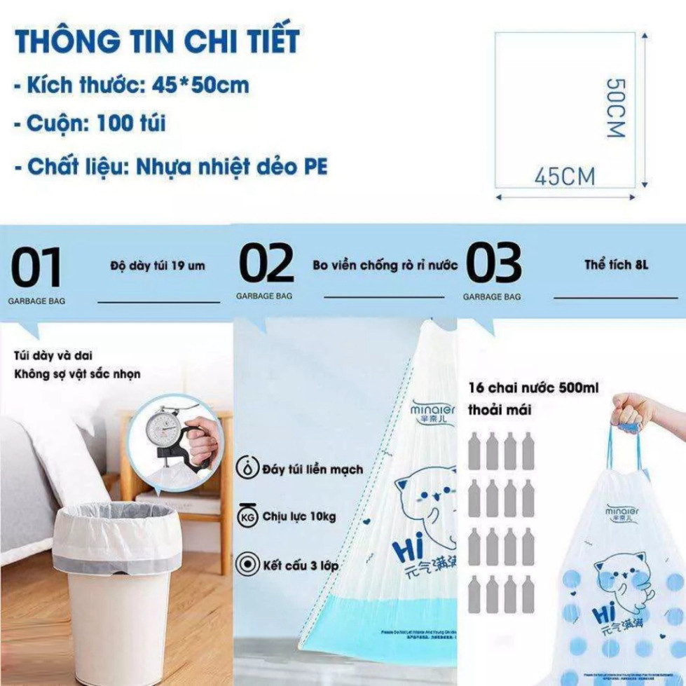 Túi Đựng Rác, Cuộn 100 Túi Có Quai Rút, Tự Huỷ Sinh Học, Kích Thước 45 x 50 cm, Siêu Dai, Chịu Nhiệt