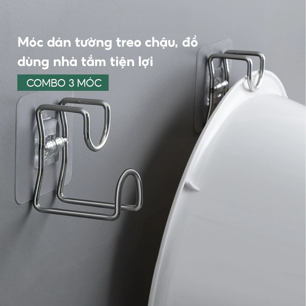 COMBO 3 Móc Treo Chậu Thau Dán Tường Inox 304 Móc Treo Khăn Quần Áo Đồ Nhà Bếp Phòng Tắm