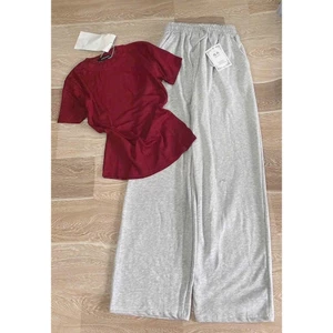 Sét bộ đồ quần ống rộng da cá màu xám + mix áo phông croptop tăm lạnh TRƠN