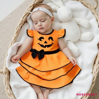 MG-Toddler Girl Halloween Dress Tay Bay Cổ Tròn Bí Ngô In Váy Ngày Lễ Cho Bé