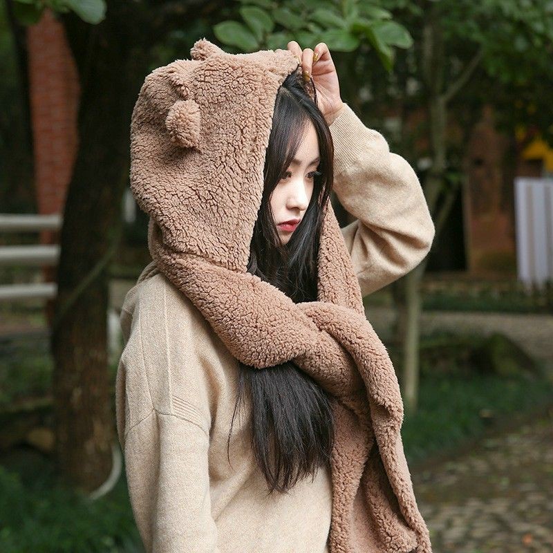 Mũ lông cừu tai gấu kèm khăn quàng cổ và găng tay ấm áp ulzzang Hàn quốc