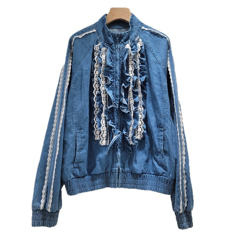 Áo khoác denim nữ cổ đứng, màu sắc tương phản, dây kéo rời, tay dài