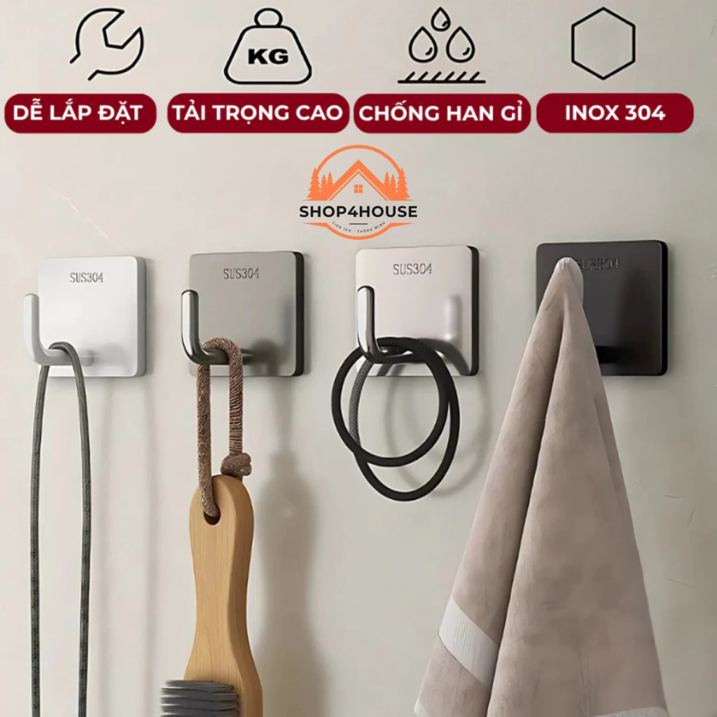 Móc Dán Tường Chịu Lực Siêu Dính 4House INOX 304 Chống Gỉ - Tải Trọng ...