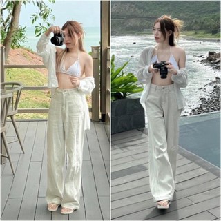 Set 3 Món: Áo Sơ Mi Oversize + Bra 2 Dây + Quần Cạp Cao Ống Suông Cao Cấp