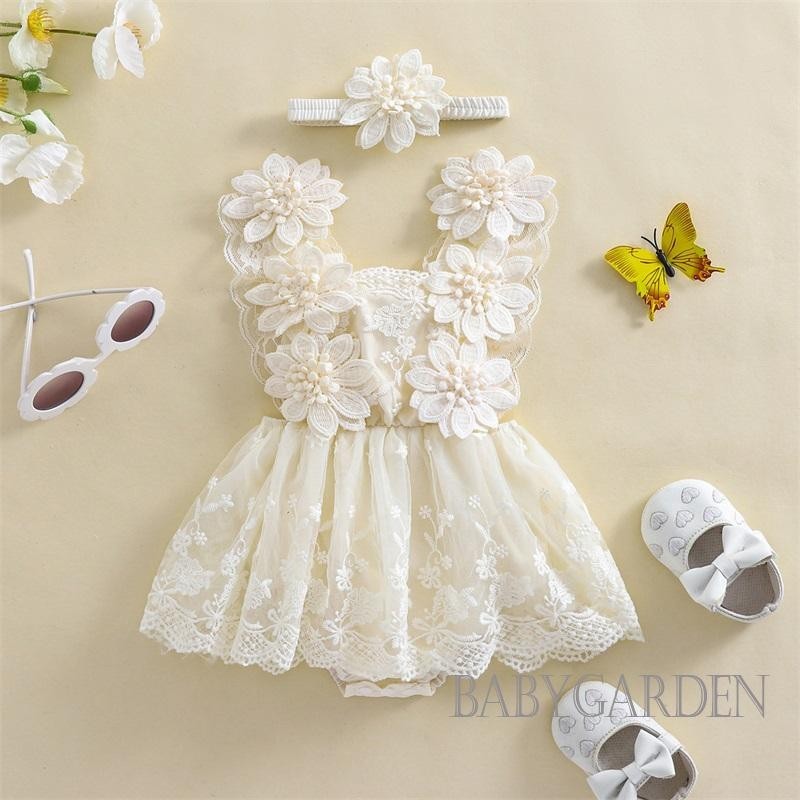 Baga-bộ trang phục mùa hè cho bé gái / Váy liền quần lưới thêu hoa + Băng đô nơ Quần áo sơ sinh