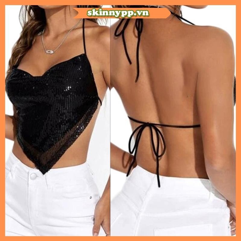 Da Dây Cổ Sequin Cami Crop Top Hộp Đêm Không Tay Lưng Bandeau Cho Nữ