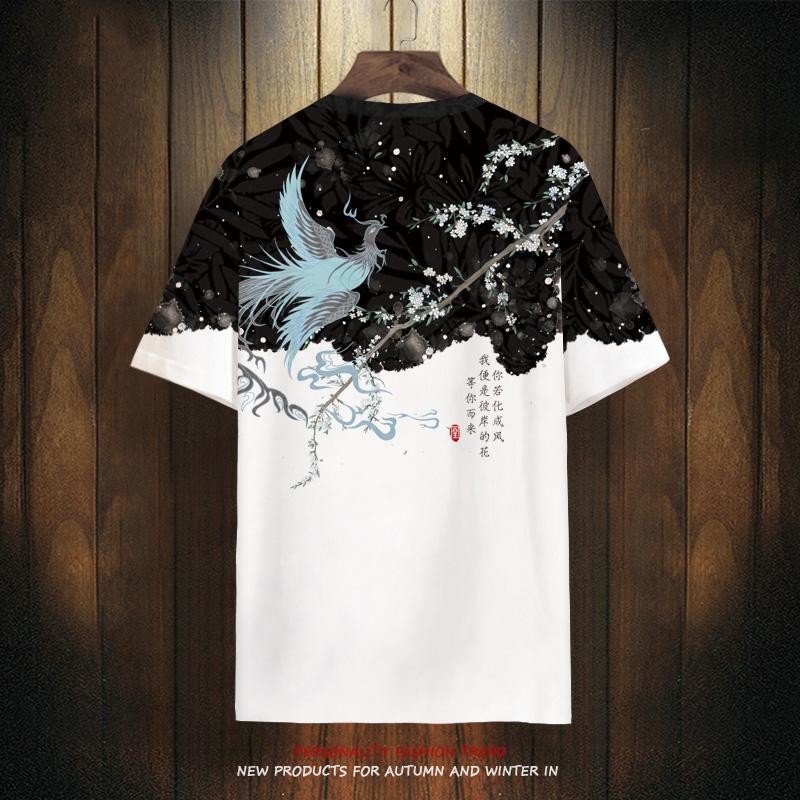 Men's T-shirt Chinese Style Phoenix Printed Short Sleeve Summer Quick-Drying Breathable plus Size Loose Short Sleeve T-shirt