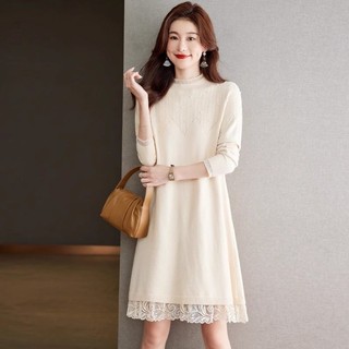 Đầm Dệt Kim Ren Nữ Thu Đông Tính Khí Phong Cách Mới Đáy Nhỏ Giữa Chiều Dài Áo Len Đầm