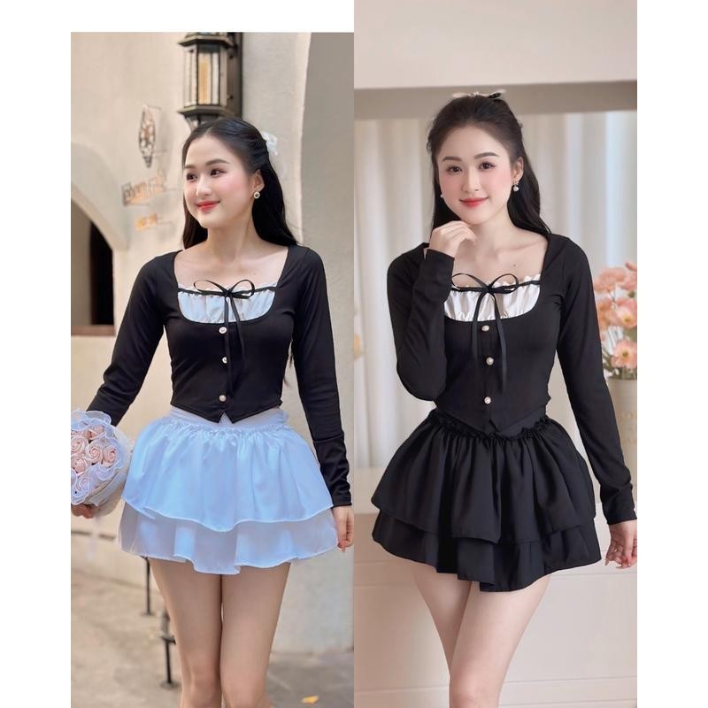 Sét đầm áo tay dài phối màu chất Gân Tăm + Chân váy quần bí 2 tầng chất Kate dày Size dưới 55kg TT88