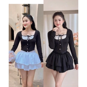 Sét đầm áo tay dài phối màu chất Gân Tăm + Chân váy quần bí 2 tầng chất Kate dày Size dưới 55kg TT88