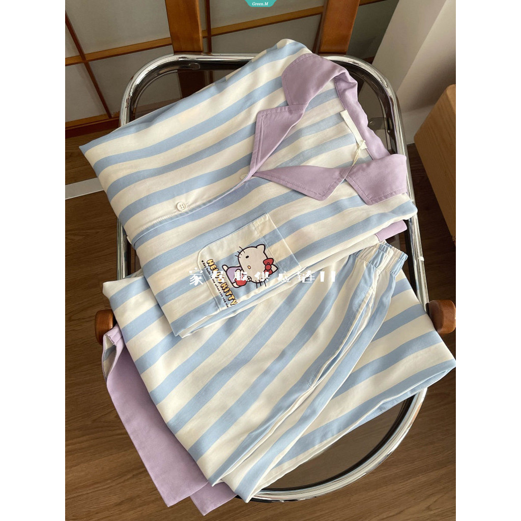 Crash Side Sọc Hello Kitty Bộ Đồ Ngủ Nữ Xuân Thu Đơn Giản Giải Trí Dài Tay Homewear Phù Hợp Với