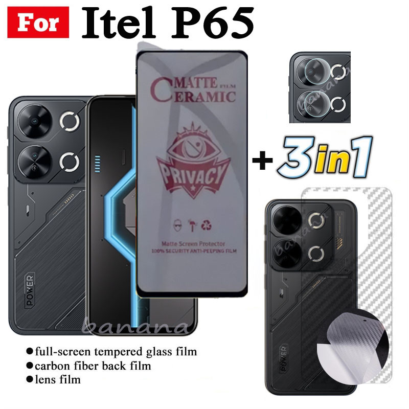 Phim gốm chống gián điệp bảo mật 3 TRONG 1 Itel P65 cho Itel P 65 P6 5 A50 A70 Bảo vệ màn hình + Kính ống kính máy ảnh + Phim mặt sau