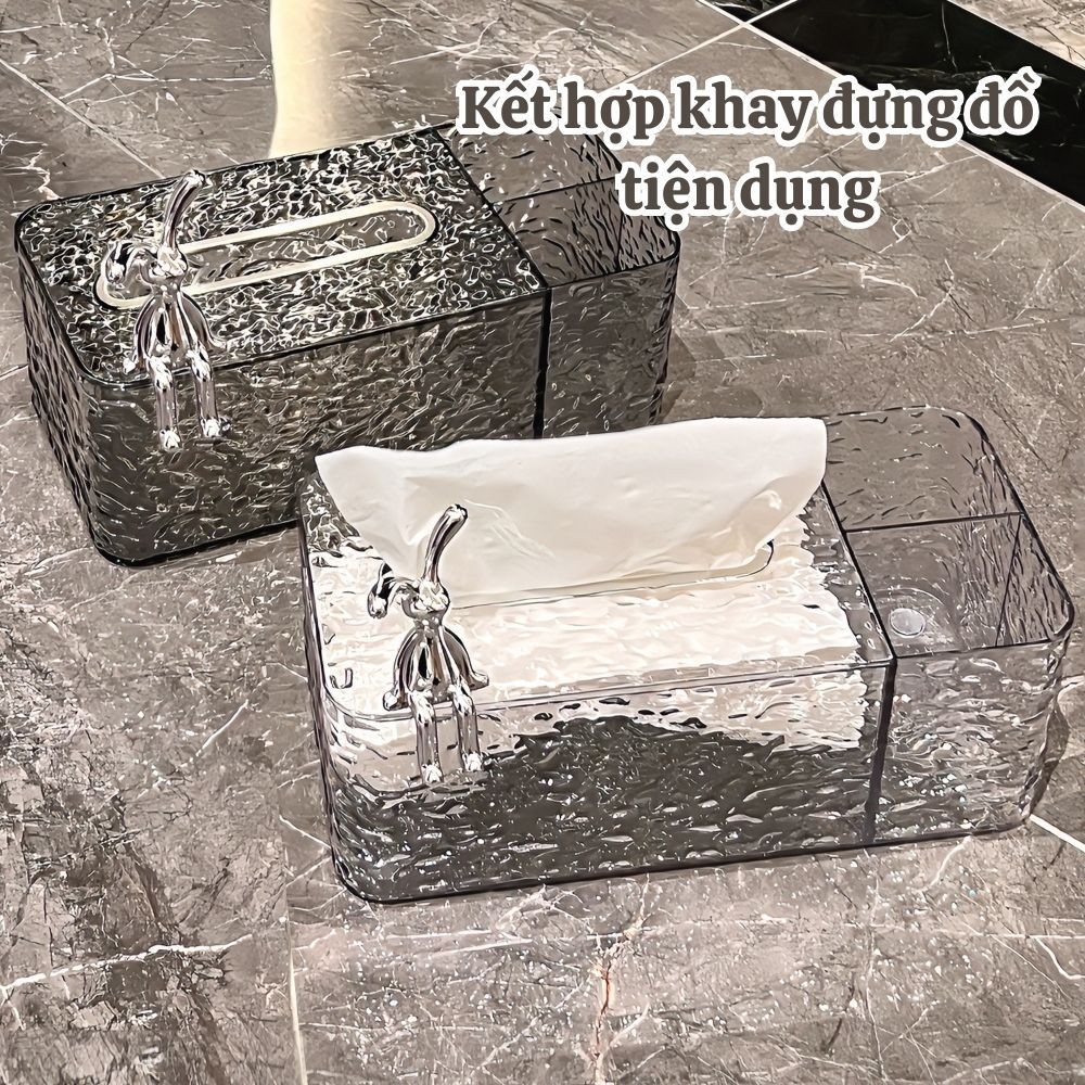 Hộp Đựng Khăn Giấy Vân Kim cương trong suốt kèm khay đựng đồ để bàn họa tiết thỏ sang trọng