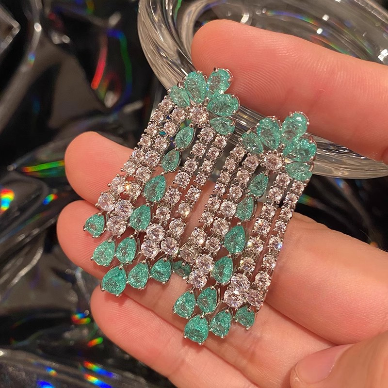 Nhiều Màu Sắc Zircon Tinh Tế Bông Tai Thời Trang Bạc s925 Kim Tua Dài Sang Trọng Bông Tai Thanh Lịch