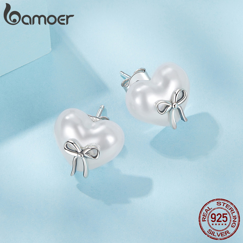 Bamoer Bạc 925 Bông Tai Nơ Trái Tim Món Quà Trang Sức Cho Nữ
