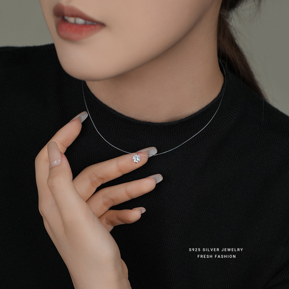 Bản đầy đủ: Vòng cổ dây trong suốt đính đá Zircon tròn, trang sức cổ nữ đồng mạ điện phong cách tối giản làm quà tặng