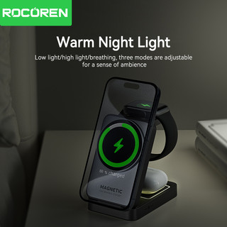 Rocoren 3 trong 1 Bộ sạc không dây từ tính có thể gập lại Giá đỡ máy tính để bàn Trạm sạc nhanh 15W cho iPhone 17 16 Pro Max Air iWatch