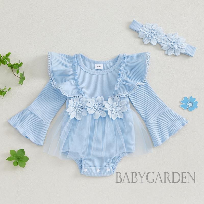 / / -Bộ Áo liền quần bé gái có băng đô 3D hoa dài tay vải tuyn viền quần áo mùa thu sơ sinh