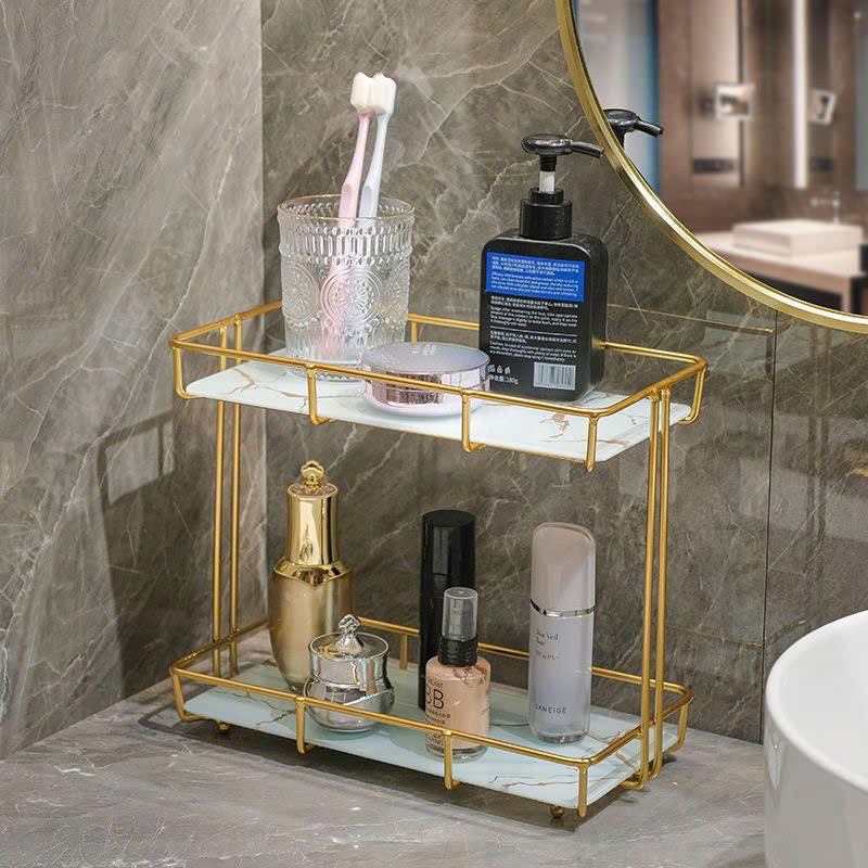 Kệ Để Đồ Nhà Tắm Mạ Vàng Nhiều Tầng - Giá Để Mỹ Phẩm Bàn Trang Điểm Mặt Kính Sang Trọng Decor