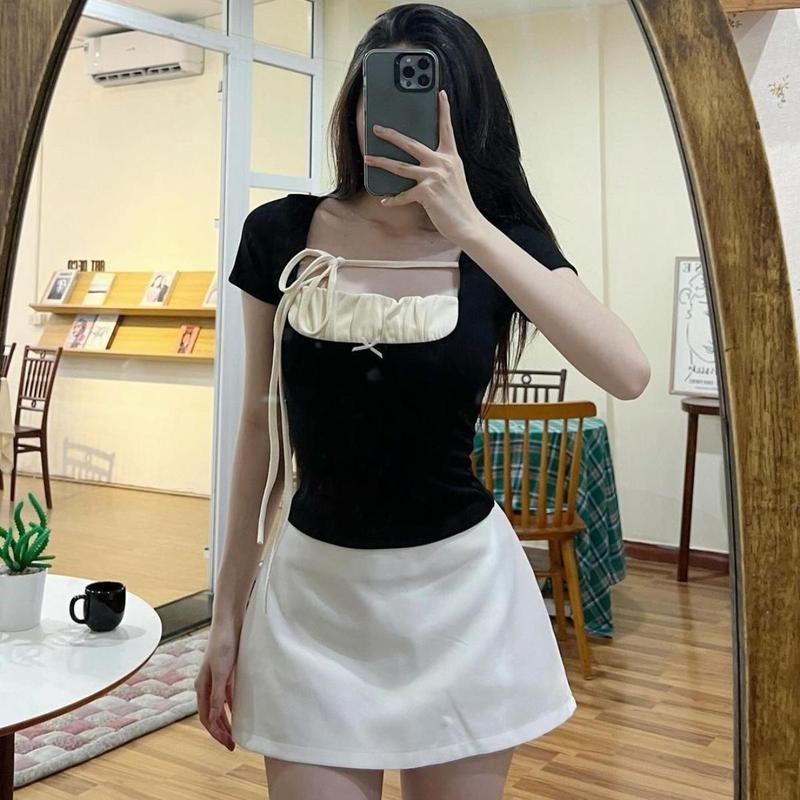 SAM - Áo Nữ Cổ Vuông Tay Ngắn PINKSTORE29 Phối Nơ Kiểu Nhún Ngực A51093